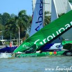 22 Feb 2014 Team Aberdeen Singapore collides into Groupama Sailing Team during the race at Extreme Sailing Series Singapore 2014..... as curated in Singapore Sailing Federation / Peter Lim's UPWIND AND WINNING Coffee Table Book