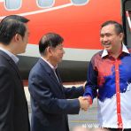 21 April 2019 Minister Koh Boon Wan (C) and MOS Lam Pin Min (L) receive Minister Anthony Loke of Malaysia (R) for the Seletar Airport Official Opening