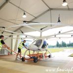 22 Oct 2019 Volocopter air-taxi passenger drone being pushed out for first ever public test flight in Singapore Marina Bay