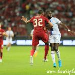 15 July 2022 Joel Matip of Liverpool and Odsonne Edouard of Crystal Palace in heading action during the Standard Chartered Singapore Trophy 2022 match between Liverpool and Crystal Palace at the Singapore National Stadium