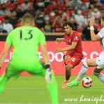 15 July 2022 Trent Alexander-Arnold of Liverpool crosses while Joel Ward of Crystal Palace blocks during the Standard Chartered Singapore Trophy 2022 match between Liverpool and Crystal Palace at the Singapore National Stadium